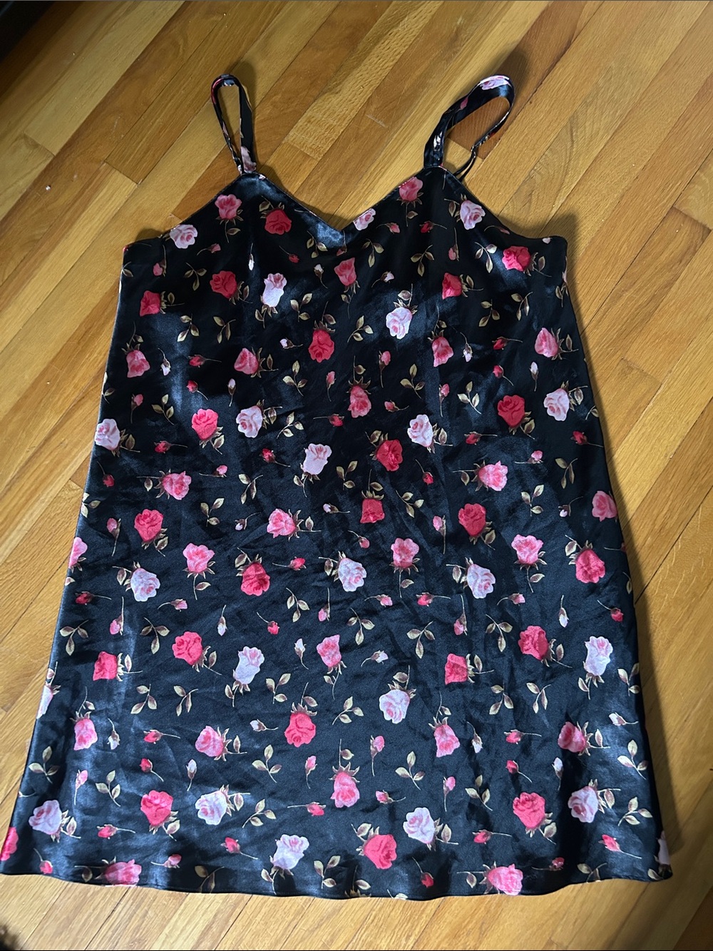 Black Floral Satin Slip Chemise with Pink & Red Roses